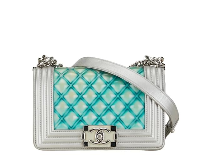 Le Boy Bolsa de Ombro Chanel Matelassé Boy Coco Mark Chain Prata Verde Couro  ref.1488711