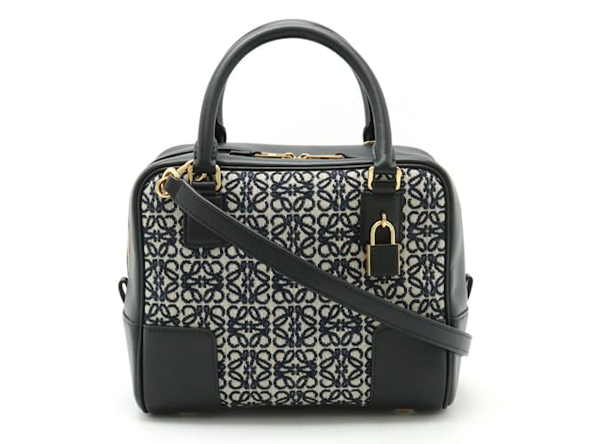 Bolsa quadrada Jacquard Anagram Loewe Amazona 19 Preto Bege Azul marinho Couro  ref.1488905