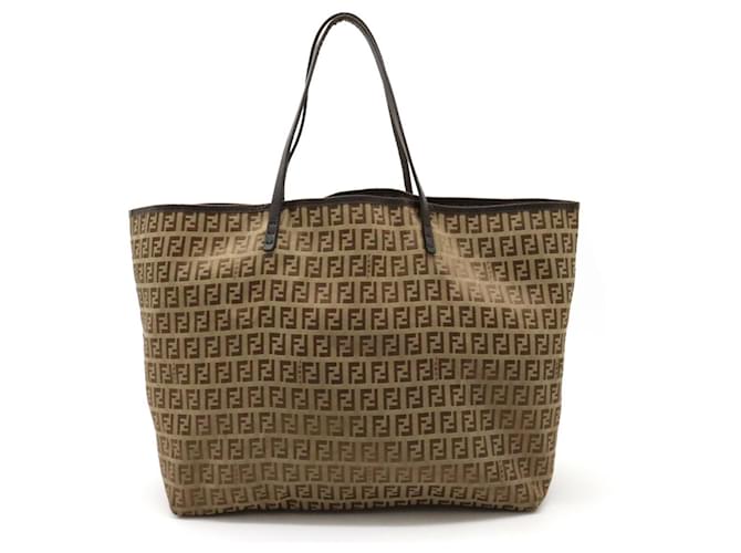 Fendi Zucca Muster Tote Bag Beige Dunkelbraun Leder Leinwand  ref.1488930