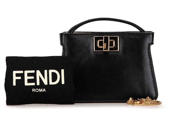 Fendi Nano Peekaboo Chaîne Sac à Épaule Charm Cuir Noir  ref.1489045