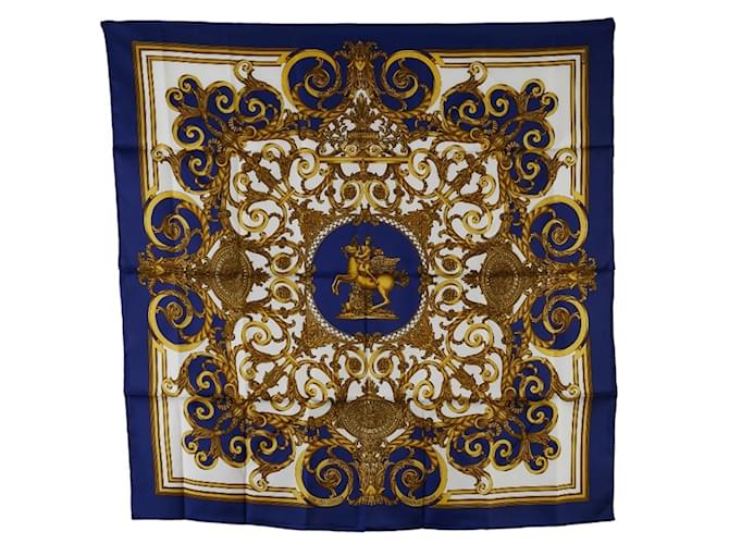 Hermès Foulard Hermes Carre 90 LES TUILERIES Soie Blanc Bleu Marine  ref.1489080