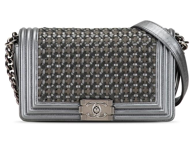 Chanel Boy 25 Chain Shoulder Bag Silvery Khaki Suede Leather  ref.1489186