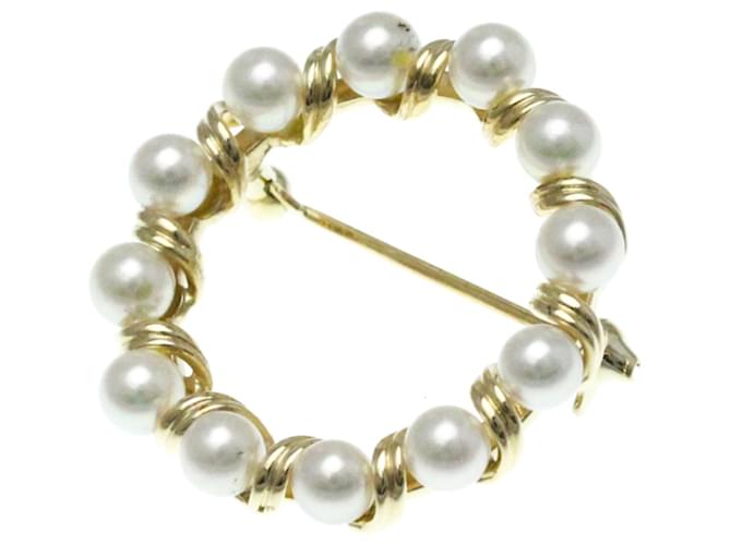 Broche de pérola em ouro 14K Mikimoto Branco Dourado Ouro amarelo  ref.1489617