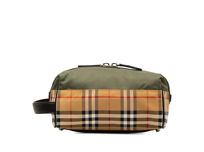 Burberry Nova Check Second Bag Pouch Brown Green Leather Nylon  ref.1489821