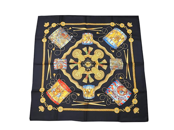 Hermès Hermes Carré 90 Scarf in Black and Gold Golden Silk  ref.1490072