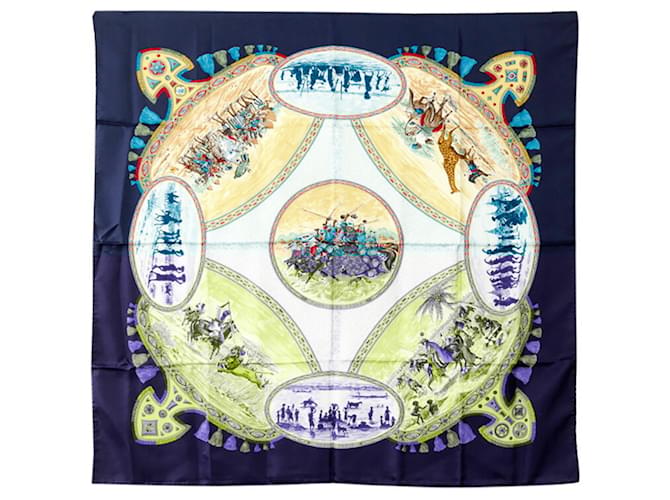 Hermès Écharpe Hermes Carre 90 CAVALIERS PEULS Soie Multicolore Bleu Marine  ref.1490079