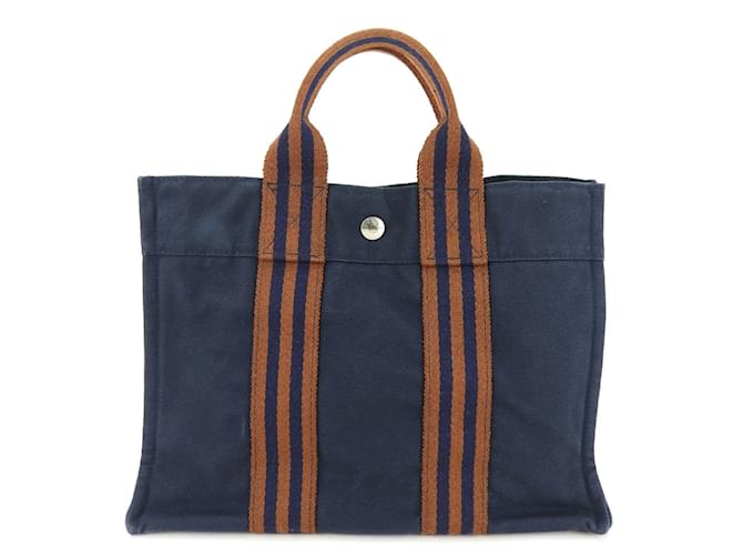 Hermès Borsa Tote Foult PM in tela Hermes Marrone Blu navy  ref.1490117