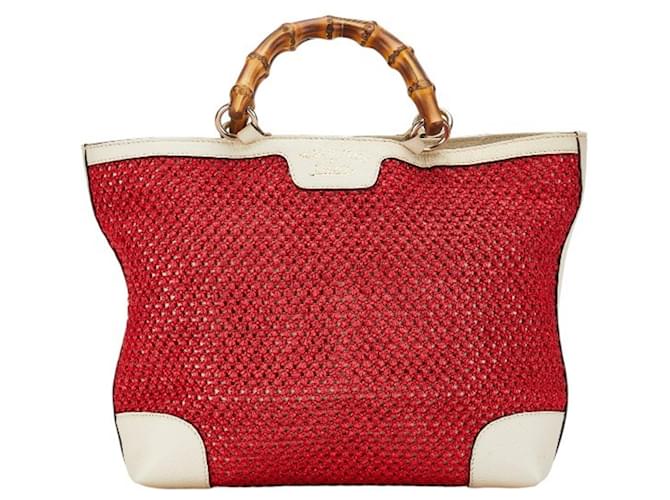 Borsa tote in bambù a rete Gucci Rosso Crudo Pelle Paglia  ref.1490142