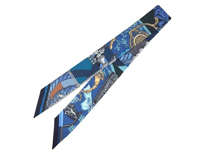 Hermès Foulard Hermes Twilly - Cavalleria D Etriers Soie Bleu  ref.1490970