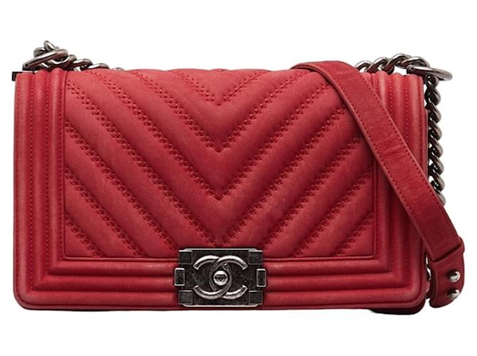 Bolso de hombro Chanel Boy Coco Mark Chain Plata Roja Suecia  ref.1491084