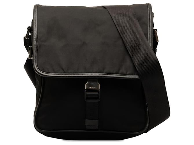 Borsa a Spalla Prada Triangle Plate Saffiano Nero Pelle Nylon  ref.1491096