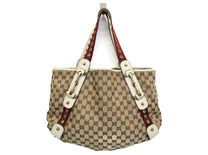 Borsa tote in tela GG Gucci Marrone Beige Crudo Pelle  ref.1492219