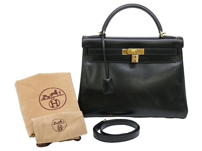 Hermès Sac à main Hermes Kelly 32 en cuir de veau noir box Veau façon poulain  ref.1492827