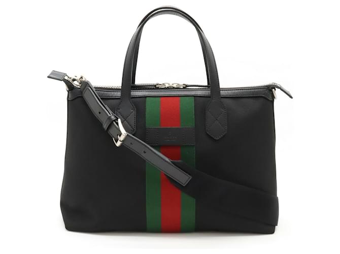 Borsa tote Gucci Sherry Line con striscia Web Nero Rosso Verde Pelle Tela  ref.1492861