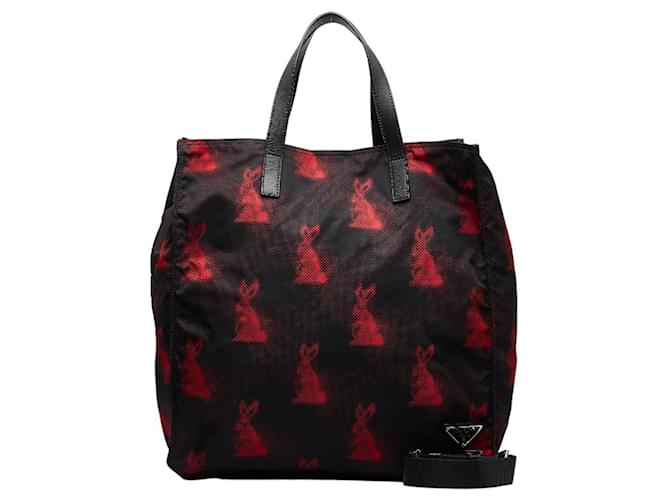 Prada Rabbit Tote Tasche Schwarz Rot Nylon  ref.1493520