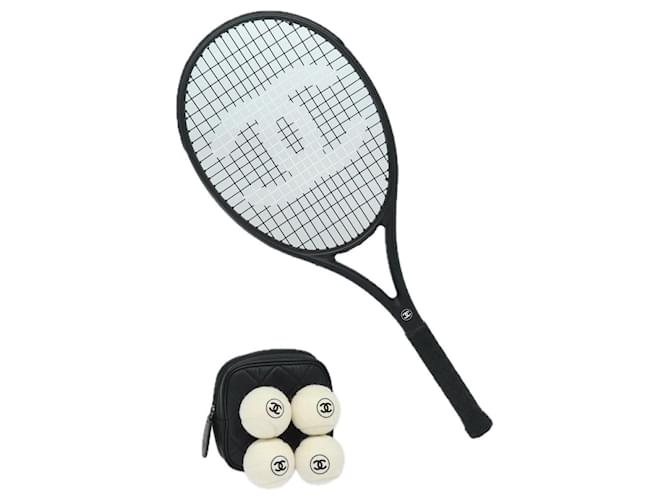 CHANEL Tennis Racket And Ball Set Leather Black White CC