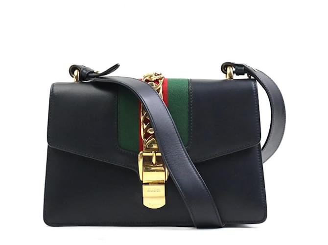 Gucci Sylvie Preto Couro  ref.1495172