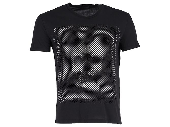 Camiseta de cuello redondo de algodón negro con estampado de calavera óptica Alexander McQueen