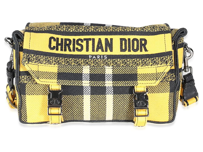 Petit sac messager Diorcamp en toile tartan jaune Christian Dior  ref.1495504