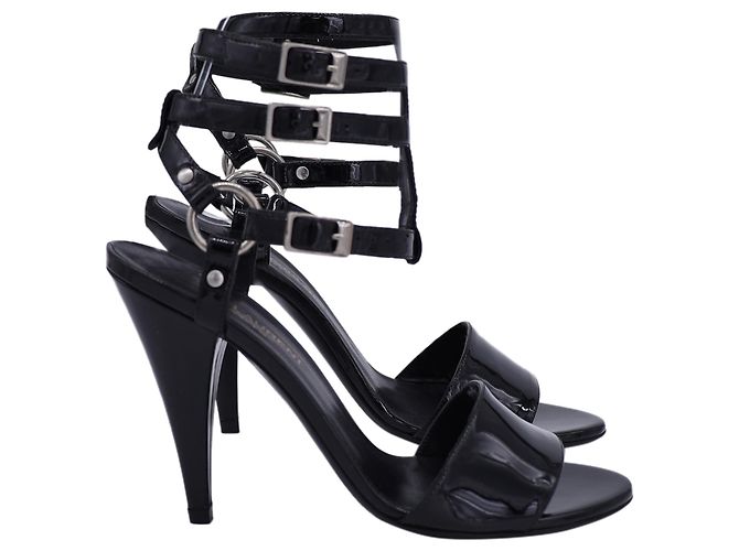 Saint Laurent Ankle Cage Strap Heels aus schwarzem Lackleder