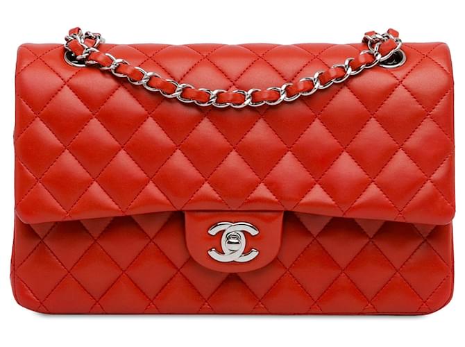 Borsa a spalla a doppio flap media in pelle di agnello classica rossa Chanel Rosso  ref.1498436