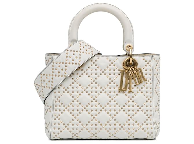 White Dior Medium Lambskin Cannage Studded Supple Lady Dior Satchel Leather  ref.1498463