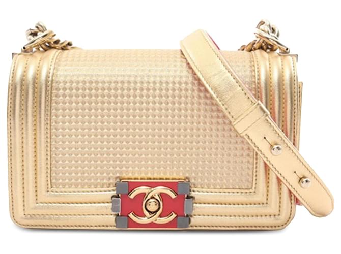 Gold Chanel Small Metallic Lambskin Embossed Cube Boy Flap Crossbody Bag Golden Leather  ref.1498476