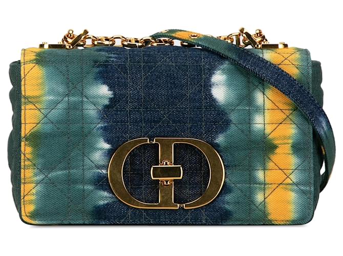 Green Dior Small Denim Tie-Dye Cannage Caro Crossbody Bag  ref.1498735