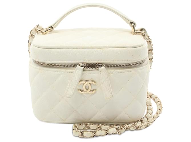 White Chanel CC Quilted Caviar Top Handle Vanity Case Satchel Leather  ref.1498786