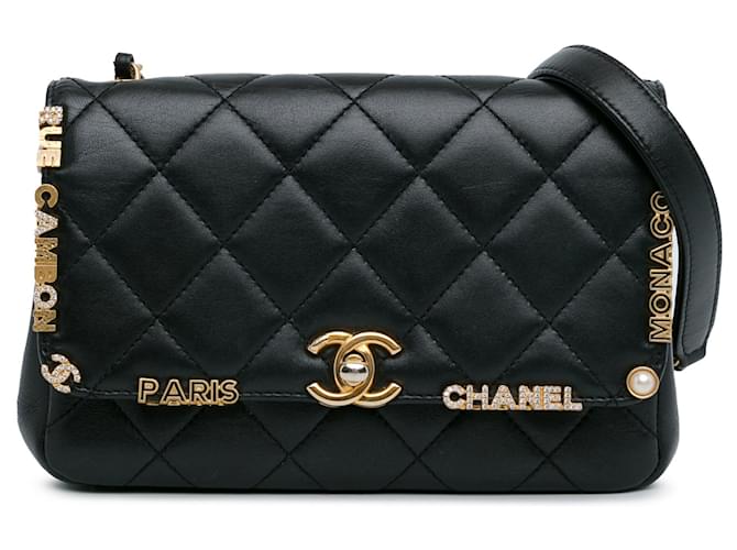 Sac à bandoulière en cuir d'agneau matelassé noir Chanel Paris Monaco  ref.1499020