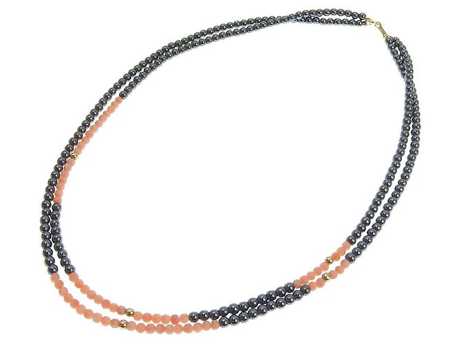 Autre Marque K18YG Hematite Coral 2-Strand Necklace 40cm Golden