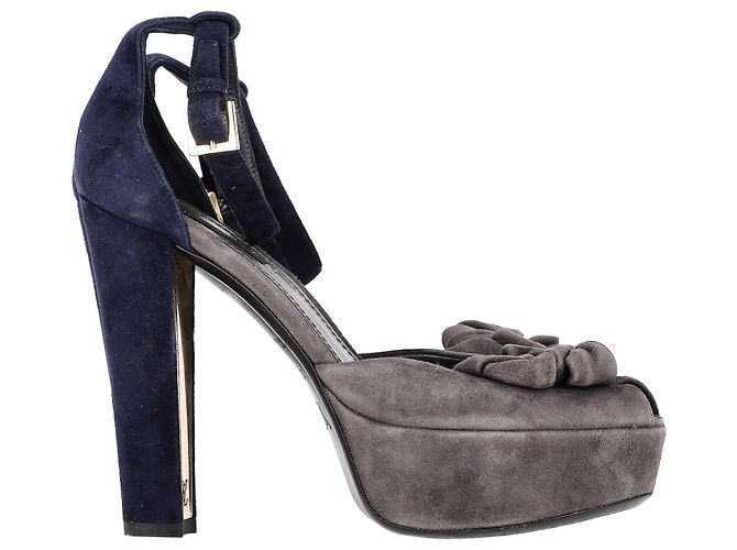 Sandali platform con dettaglio floreale Louis Vuitton in suede blu e grigio
