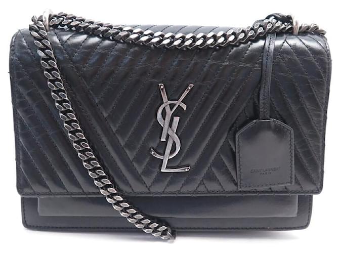 BOLSA DE OMBRO SAINT LAURENT SUNSET MEDIUM CHEVRON 470426 Preto Couro  ref.1502487