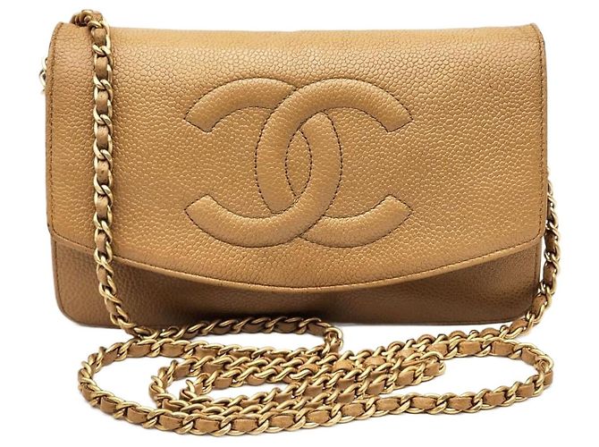 Wallet On Chain Bolsa de corrente em couro caviar Chanel Double CC com aba simples Bege