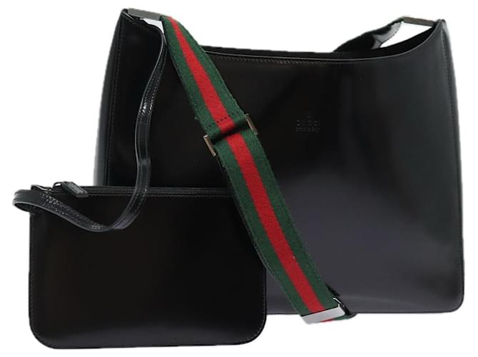 GUCCI Web Sherry Line Shoulder Bag Enamel Black Red Green Auth ep4721  ref.1502816