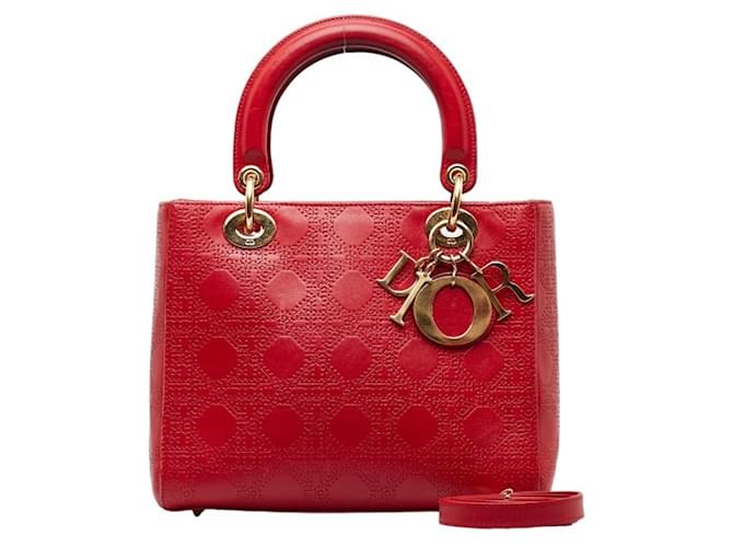 Sac à main Cannage Lady de Christian Dior Cuir Rouge Doré  ref.1502973