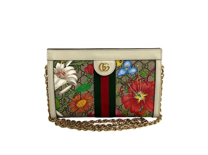 GUCCI Ophidia Flora Chain Shoulder Bag Brown White Red Green Leather Plastic  ref.1502993