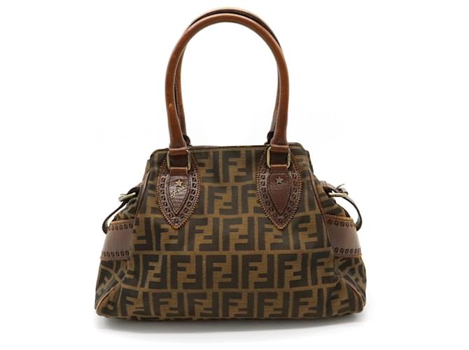 Fendi Zucca Muster Ethnico Handtasche Khaki Dunkelbraun Leder Leinwand  ref.1503206