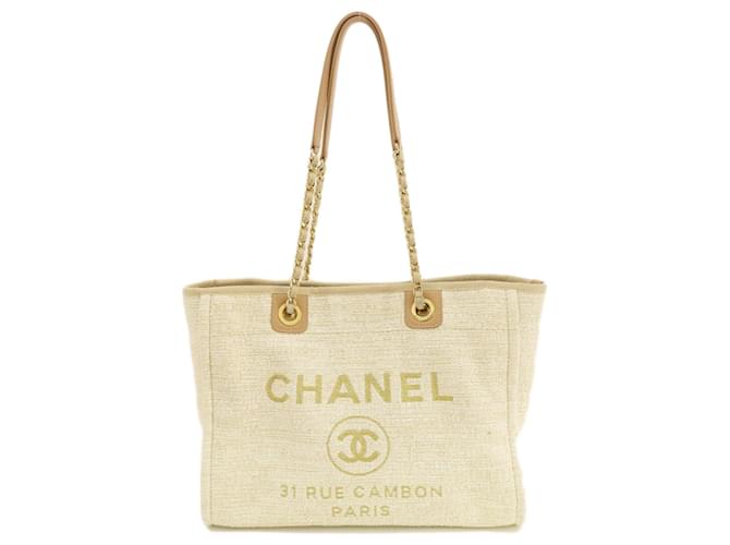 Borsa tote Deauville MM in tweed CHANEL Bianco D'oro  ref.1503644