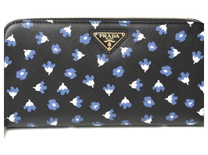 Prada Saffiano Long Wallet Black Blue Leather  ref.1504395