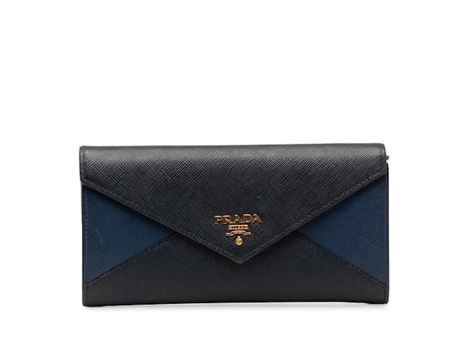 Prada Saffiano Lange Brieftasche Schwarz Marineblau Leder  ref.1504509