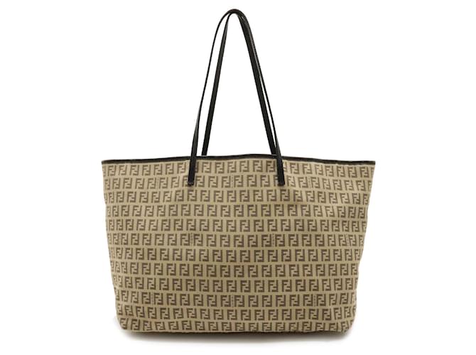 Fendi Zucchino Muster Tote Bag Schwarz Beige Leder Leinwand  ref.1505163