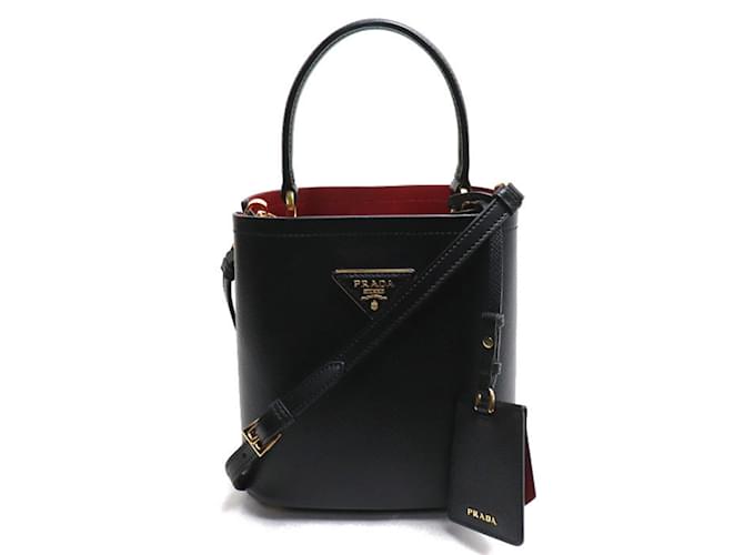 Prada Saffiano Pannier 2Way Shoulder Bag Black Red Leather  ref.1507362