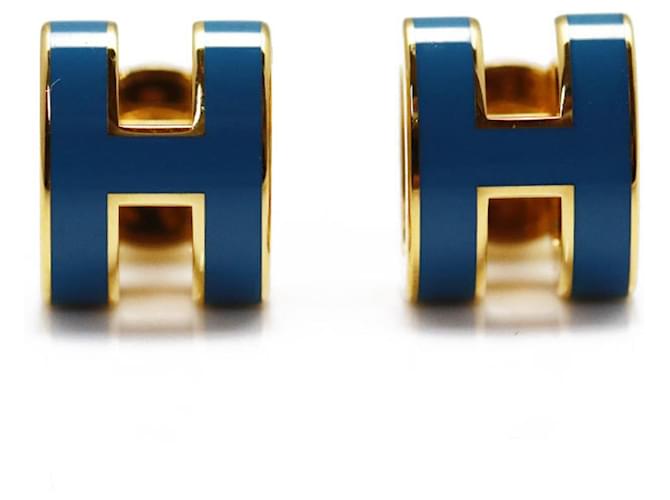 Hermès Hermes Pop H Mini Ash Earrings Blue Golden Gold-plated Varnish  ref.1508341