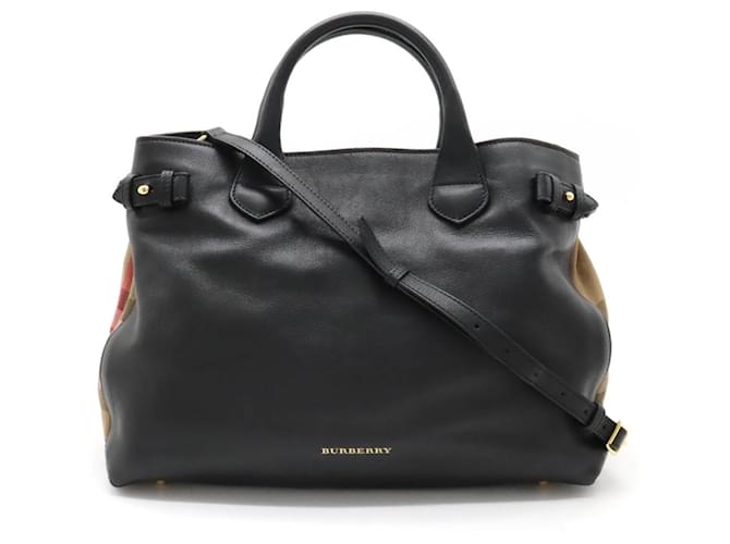 Bolsa de mão xadrez Medium Banner da Burberry Preto Bege Couro Lona  ref.1509327