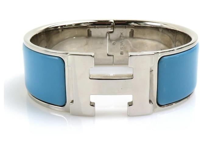 Bracelet jonc bleu clair et argent d'Hermès Métal Email Argenté  ref.1509925