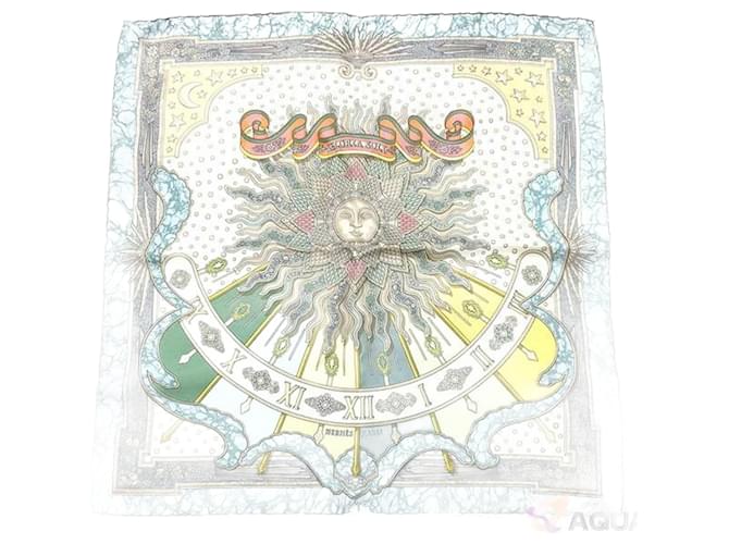Écharpe Muffler Hermès Carre 42 Soie Blanc Bleu clair  ref.1510069