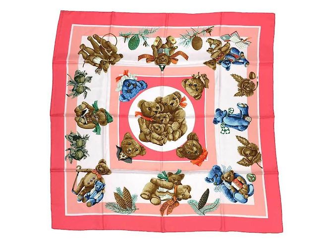 Bufanda de seda Hermès - Confidentes de los Corazones Castaño Rosa Azul