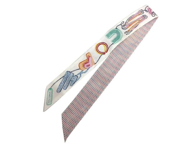 Hermès Hermes Twilly Pointier Embroidery Scarf White Blue Silk  ref.1510427