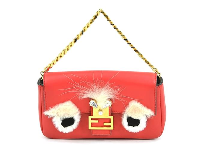 Fendi Micro Baguette Handbag Red Multiple colors Leather Fur  ref.1510456